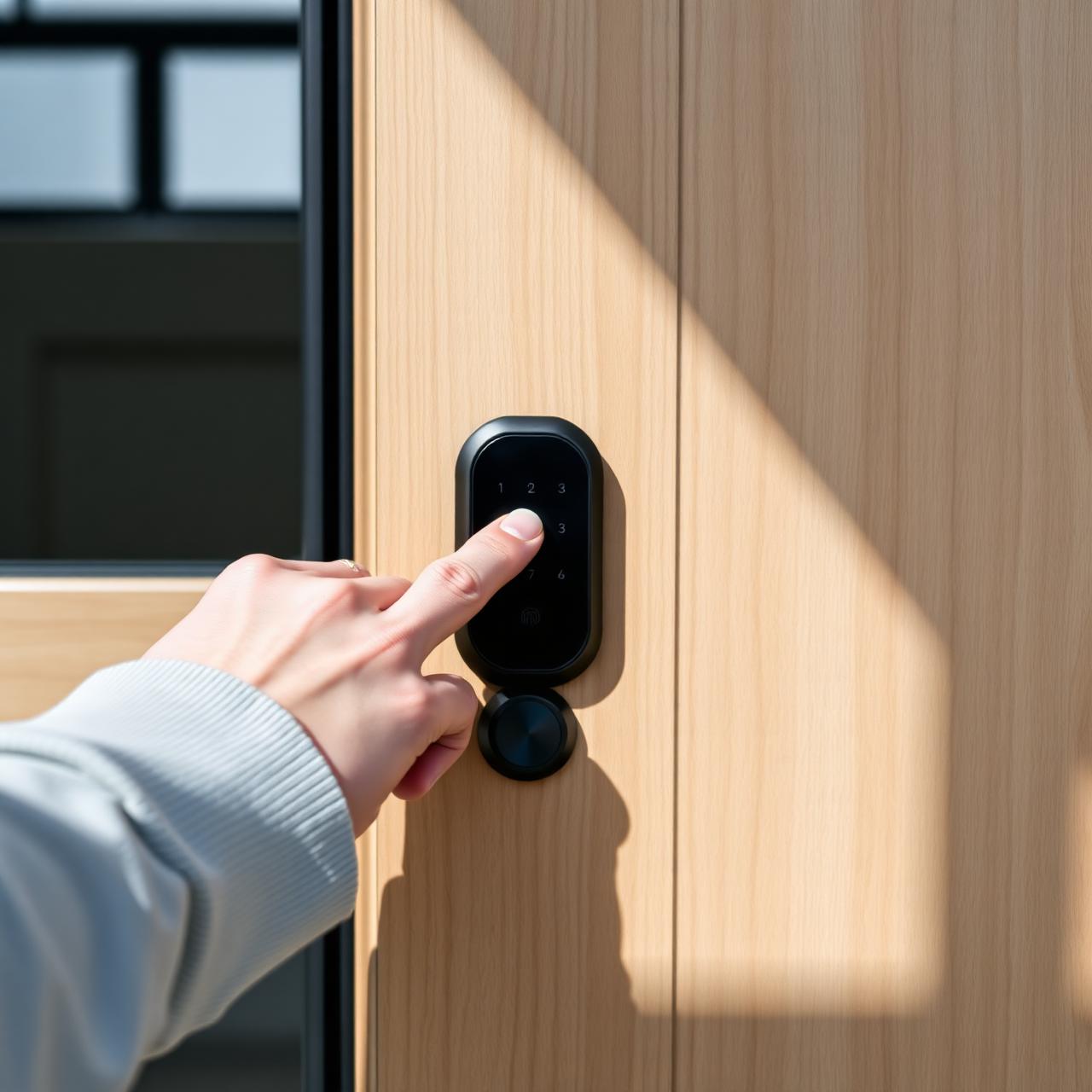 Hånd der bruger fingeraftrykssensor på smartlås monteret på dansk hoveddør
